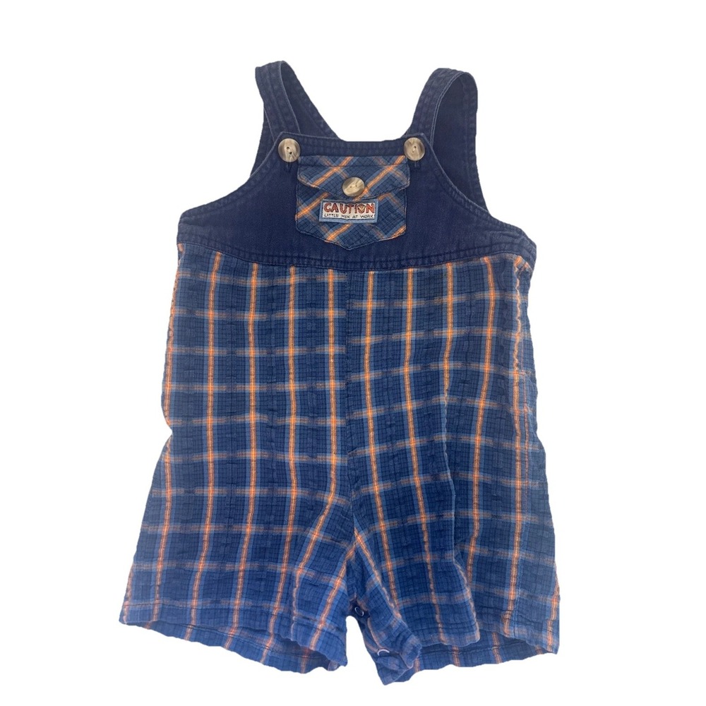 Vtg 90s L.A. Baby Plaid Shortall Overalls Blue Orange Caution Patch 18 Months